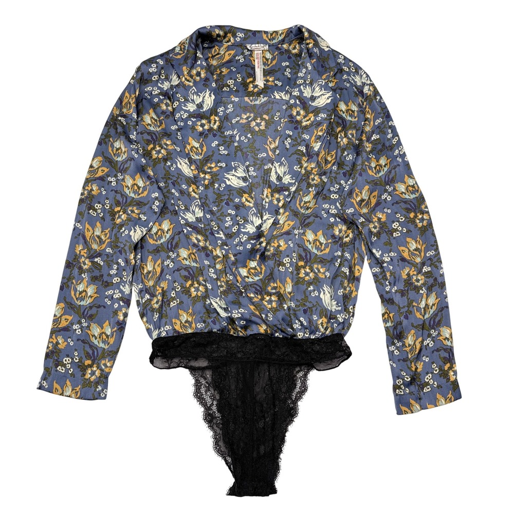 Free People Intimately FP Bodysuit XS Blue Floral Wrap Drape Front Boho Silky